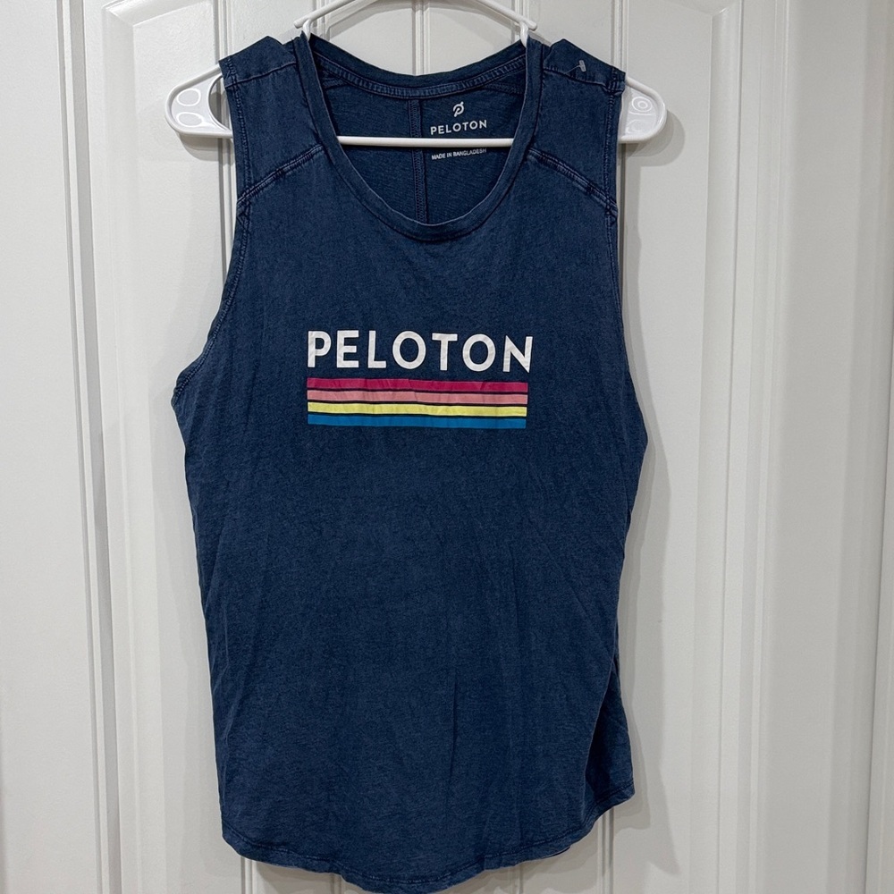 NWOT Peloton Navy Muscle Tank with Multicolor Stripe Logo